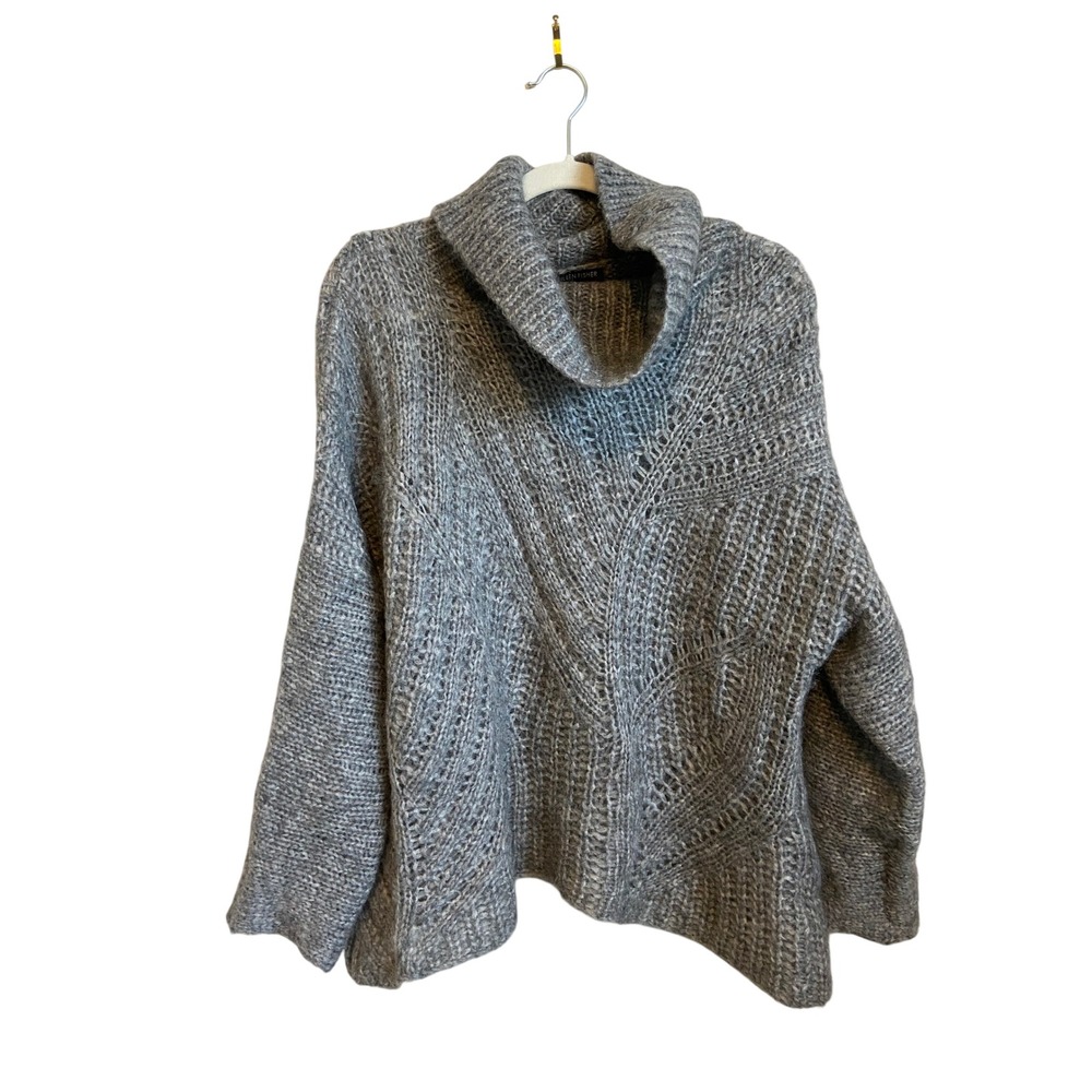 Eileen Fisher Grey Mohair Wool Blend Cowl Neck Chevron Open Knit Sweater L
